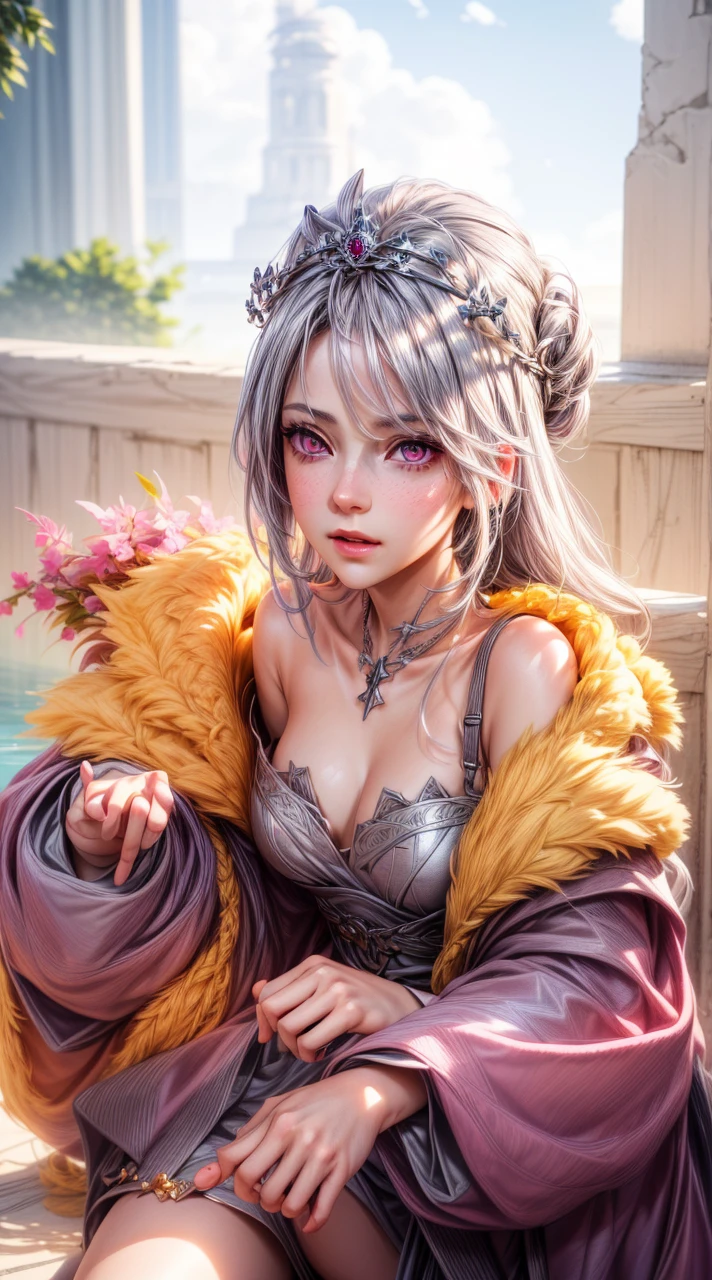 Best quality, masterpiece, ultra high res, (photorealistic:1.4), 1girl wearing a crown , pink eyes, gray hair, professional lightning, sharp focus, deep shadow, (extremely detailed CG unity 4k fhd wallpaper), 8k.