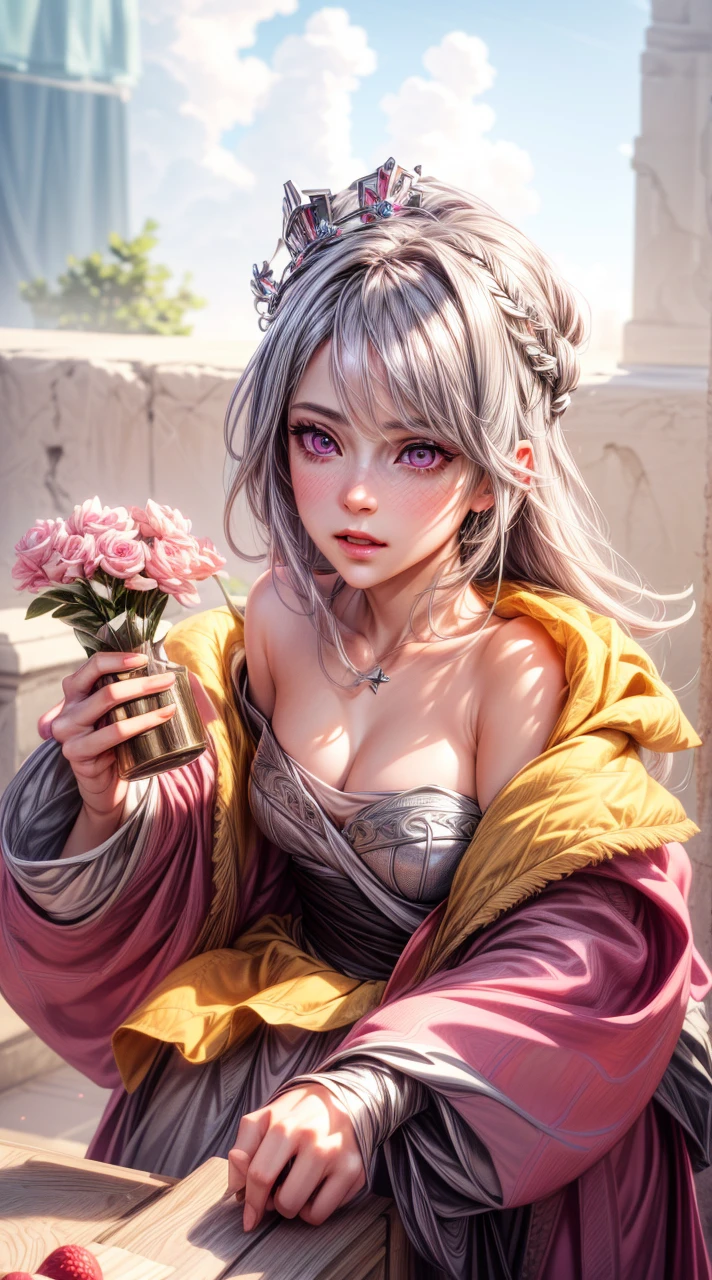 Best quality, masterpiece, ultra high res, (photorealistic:1.4), 1girl wearing a crown , pink eyes, gray hair, professional lightning, sharp focus, deep shadow, (extremely detailed CG unity 4k fhd wallpaper), 8k. 