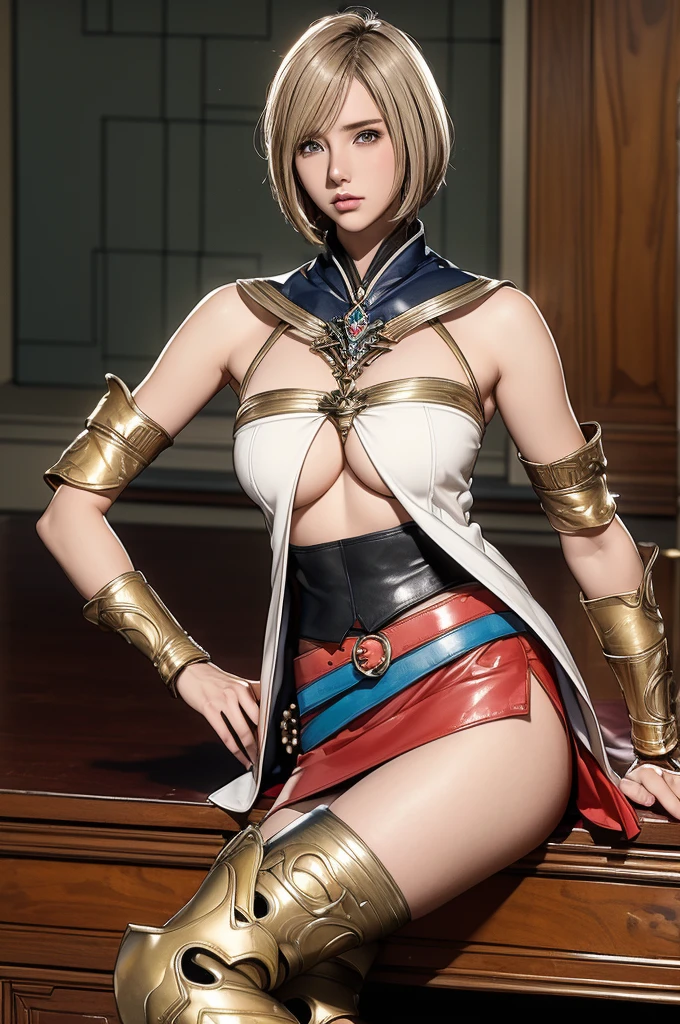 (Golden Ratio,Tabletop, Highest quality, Highest quality, beautifully、beautiful:1.2), Very detailed, colorful,Best details, (Adult,19 years old,One Girl, alone, Final Fantasy 12,Asheria, short hair, short hair,Asheria Costume, Huge , mini skirt,Thigh-high boots, Thighs Thighs Thighs Thighs, gem,A look of contempt,See the trash, her hand lifts her skirt.,Show me your pants,trying to trample on you