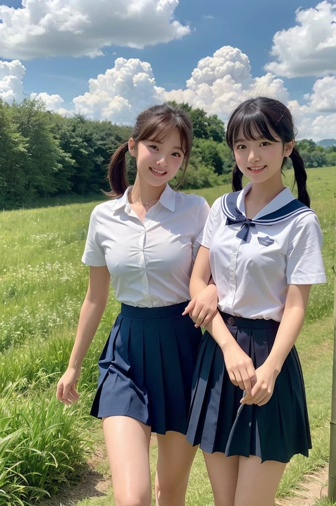 2 girls walking in rural field,cumulonimbus cloud in summer sky,sailor shirt,navy blue pleated skirt,18-year-old,bangs,a little smile,thighs,knees,short hair with low pigtails bunches,from below,front light