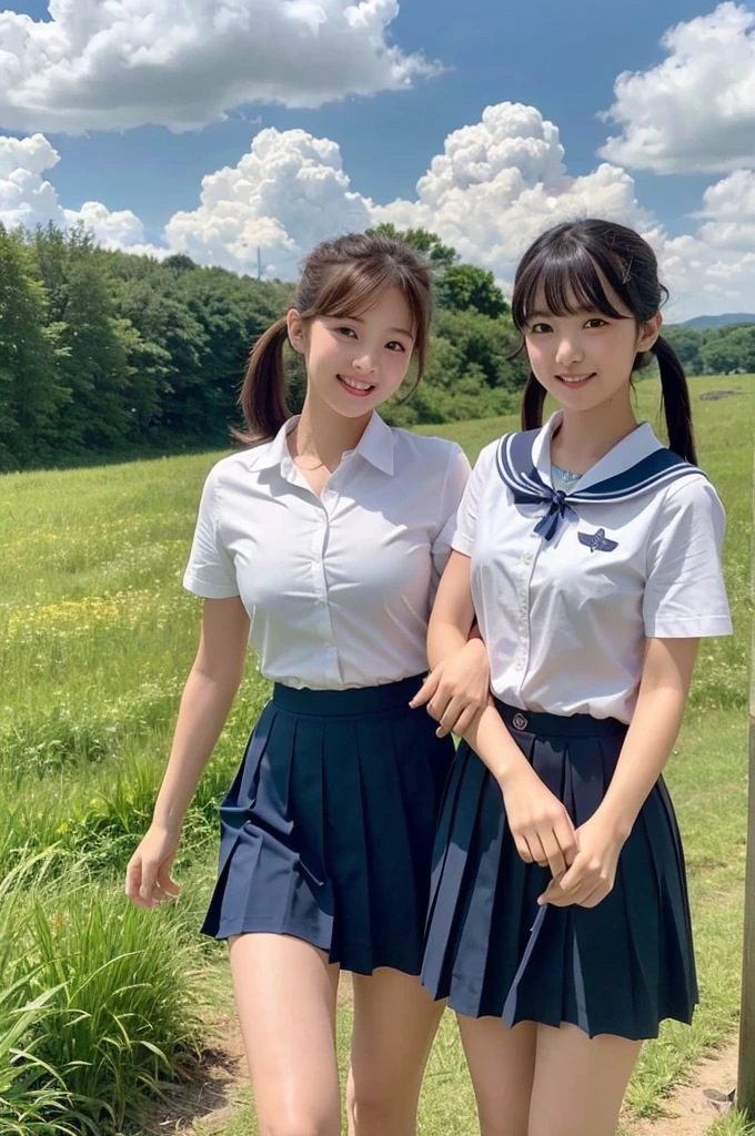 2 girls walking in rural field,cumulonimbus cloud in summer sky,sailor shirt,navy blue pleated skirt,18-year-old,bangs,a little smile,thighs,knees,short hair with low pigtails bunches,from below,front light