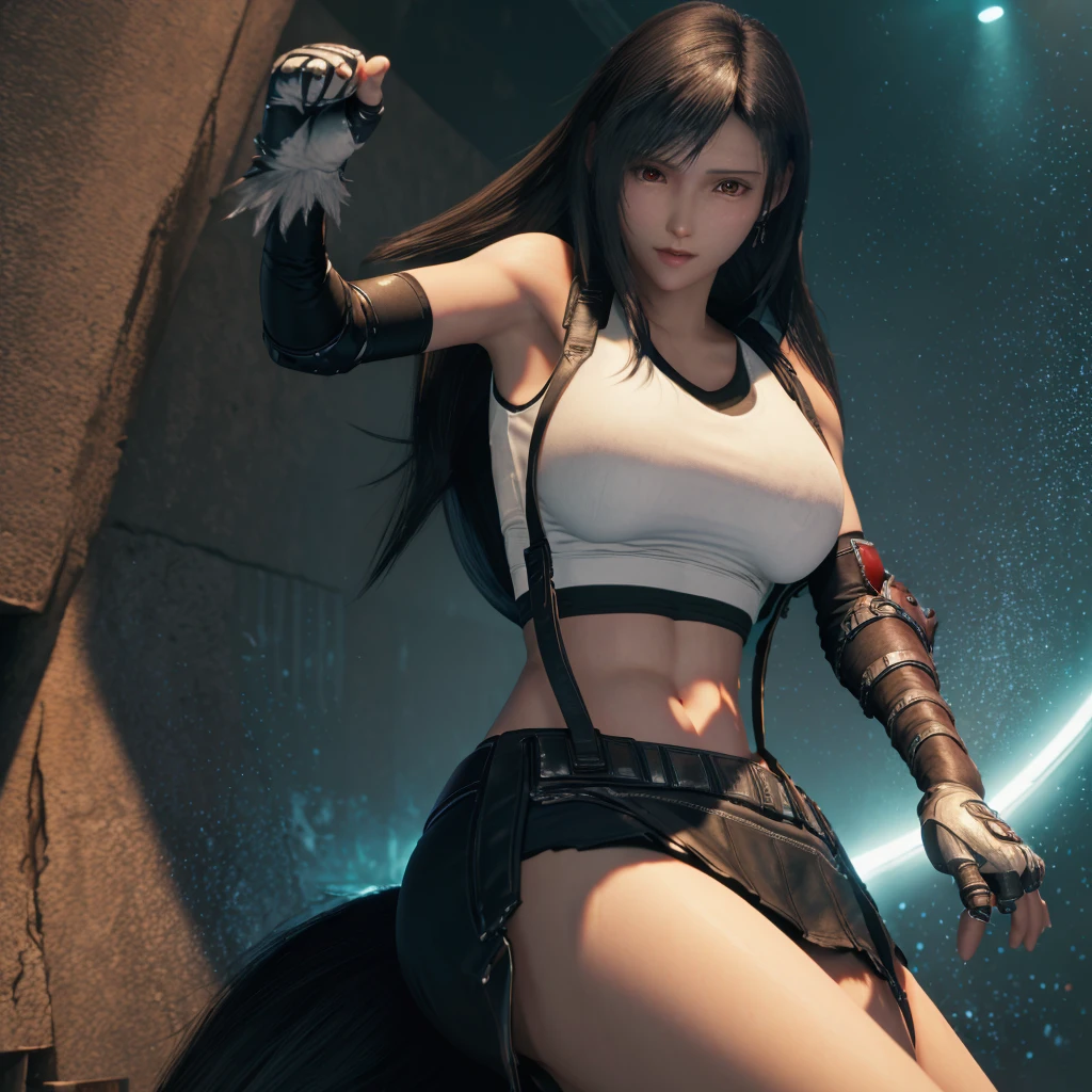 8k,masterpiece, bset quality,big, (1 girl), tifa lockhart, red_eyes, black hair, long hair, professional lighting, (shiny skin: 1.2), shiny big, ((best quality)), sharp focus: 1.2, highly detailed face and skin texture, detailed eyes, perfect face, perfect body, blur art, cg, backgroundBig breasts, 20yo, mature cool and beautiful face, wearing ((suspender black skirt), black elbow gloves, white taut shirt, thigh, white tank top), blush, lively pose, (mittgal), floating hair, random pose,