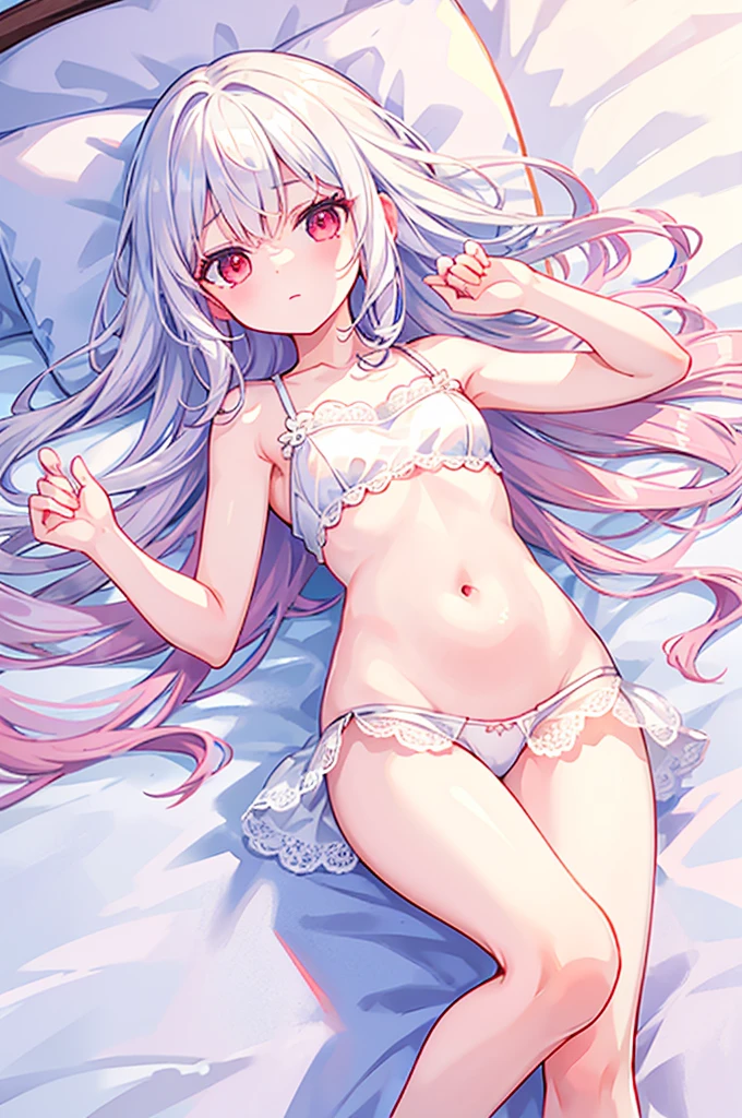 best quality,Real fingers,Reasonable body,Practical:1.37),A girl lying on the bed,[White hair],[Red Eyes]