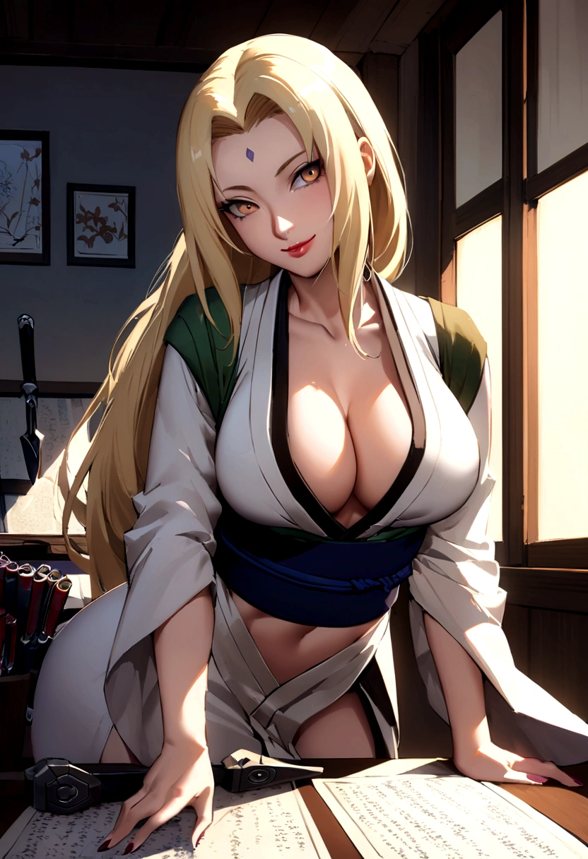 Create an ecchi artwork of Tsunade from Naruto. She is in her office, dressed in her signature outfit but with a more revealing twist – her kimono is slightly open, showing off her ample cleavage and toned midriff. She’s leaning against her desk with a seductive smile, her eyes glancing provocatively towards the viewer. Her long blonde hair cascades down her back, and the lighting in the room casts a warm glow on her flawless skin. The background features a glimpse of her office, with scrolls and ninja tools neatly arranged, adding to the immersive atmosphere.