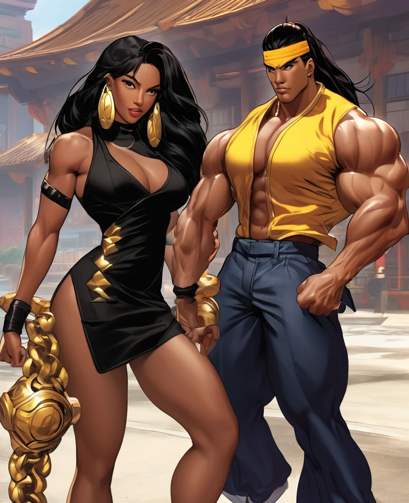 a black woman (a black woman) beautiful woman with long black hair, thin wearing a short black dress with golden earrings next to a muscular man with long brown hair and strong wearing a soft gear outfit like Hyu from Street Fighter