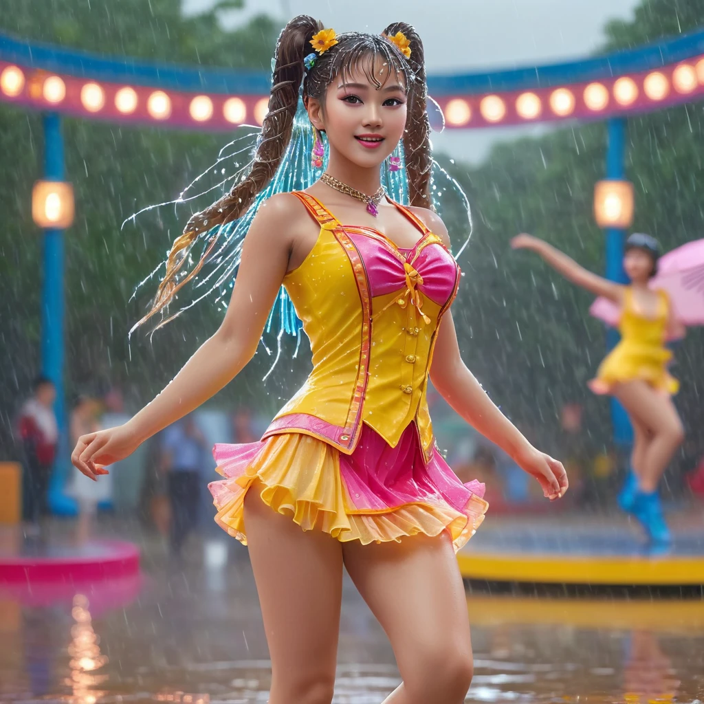 (Full body portrait:1.１)、A beautiful young idol girl with twin tails is dancing on an outdoor stage in the rain、In idol-like costumes、(Highest quality、4K、8K、High resolution、masterpiece:1.2)、Super detailed、(Real、Photorealistic、Photorealistic:1.37)、Delicate facial features、Highly detailed eyes and face、Complex hairstyles、Expressive pose、Colorful stage lights、Dynamic Performance、Bright colors、Glowing Skin、Professional photography