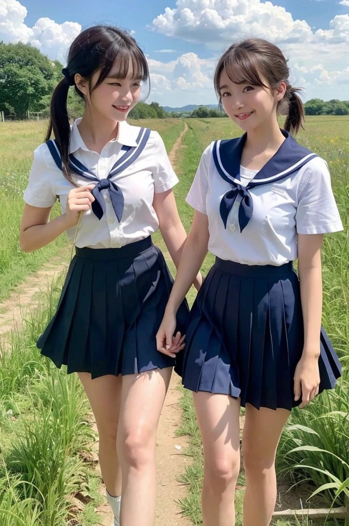 2 girls walking in rural field,cumulonimbus cloud in summer sky,sailor shirt,navy blue pleated skirt,18-year-old,bangs,a little smile,thighs,knees,short hair with low pigtails bunches,from below,front light