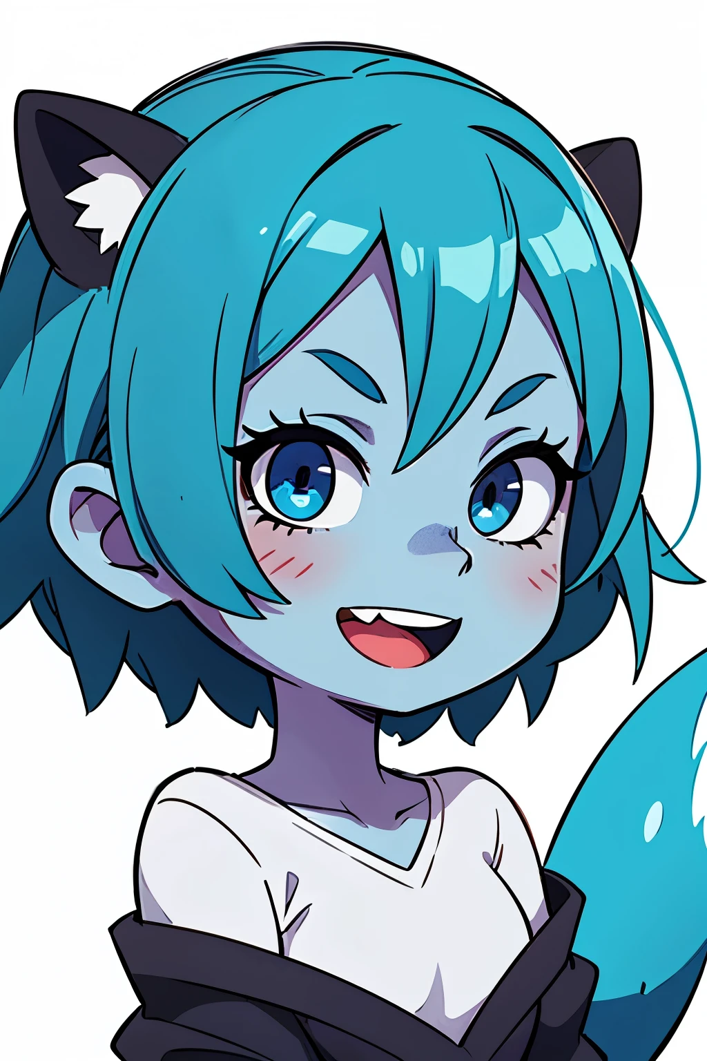face focused ,1girl, blue skin, masterpiece, best quality, Smouldie, short hair, (tail), smile, :D, looking at viewer, black background twitch emoji chibi, detailed eyes, white background , extremely focused and detailed face , kawaii cute