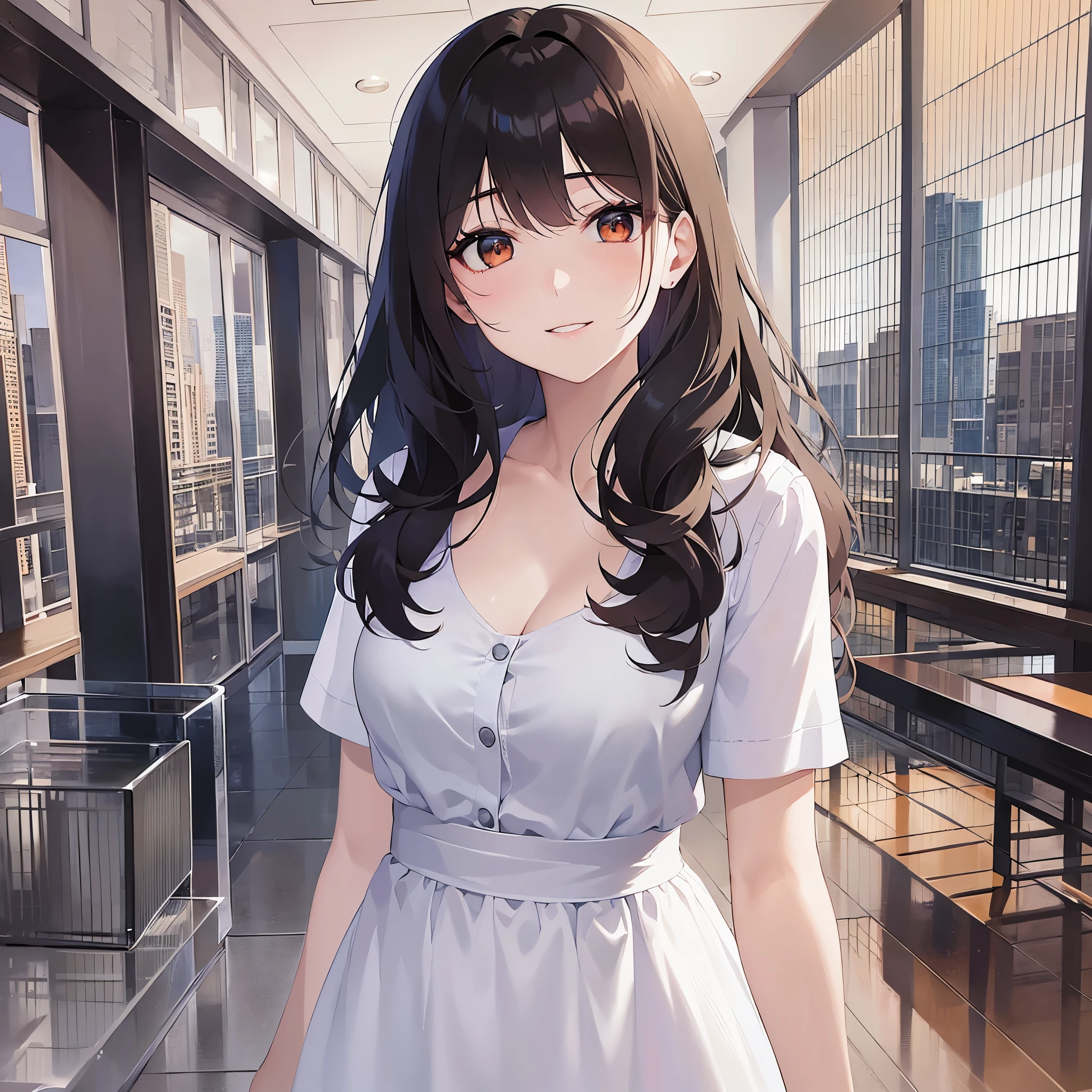 lookin at viewer,Upper Body, 
Realistic, real person, (pale skin: 1.2), RAW photo, photorealistic, shiny skin, shiny hair、
(A 25-year-old woman with medium-length hair and bangs) and (wavy hair) and (brown hair) and (Orange Eyes),smile, 
, Wearing a white dress,The hotel lobby in the background、Alone、Are standing