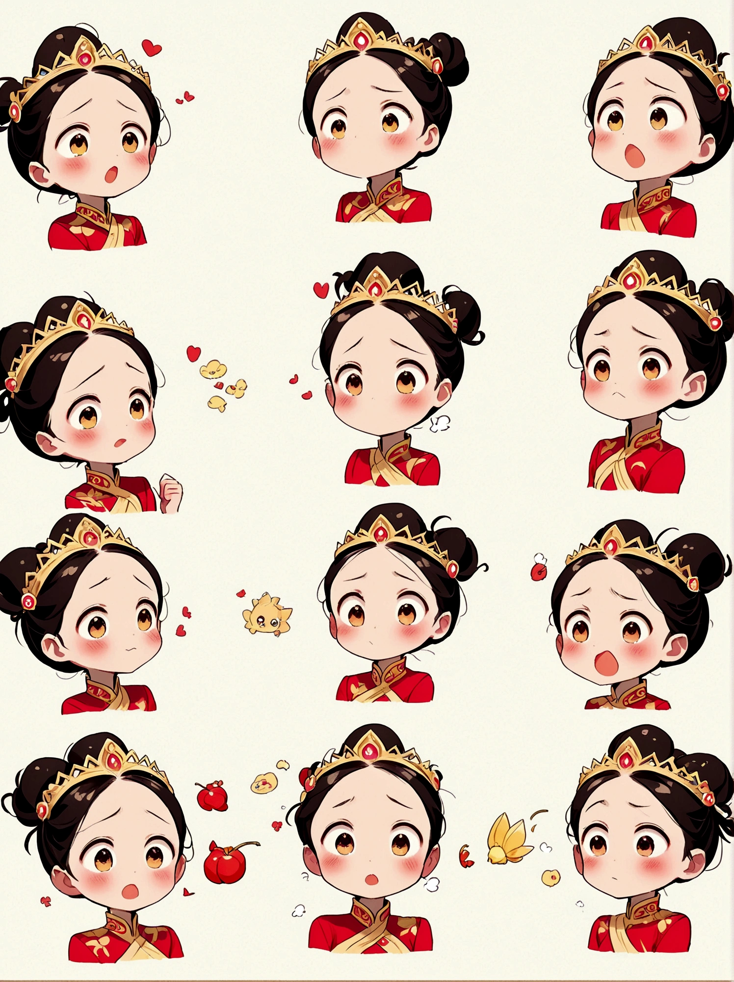 Cute and humorous Q version Chinese girl，big eyes，bust，sticker，6 different facial expressions，expression board，Various poses and expressions，Anthropomorphic style，Ancient and classic style，Showing a variety of emotions，Cartoon illustration，Vector illustration, (Nine Palace Grid Layout: 1.5)，(White background:1.5)，Clear outline，Perfect details，Clear boundaries，No crossover