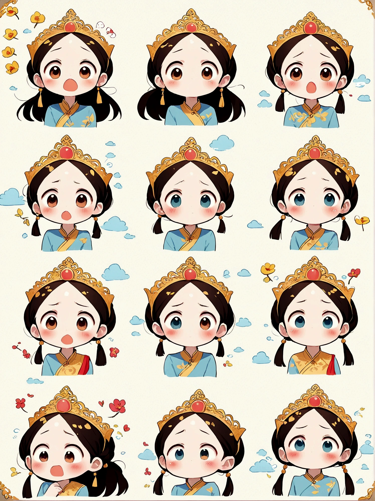 Cute and humorous Q version Chinese girl,big eyes,bust,sticker,6 different facial expressions,expression board,Various poses and expressions,Anthropomorphic style,Ancient and classic style,Showing a variety of emotions,Cartoon illustration,Vector illustration, (Nine Palace Grid Layout: 1.5),(White background:1.5),Clear outline,Perfect details,Clear boundaries,No crossover