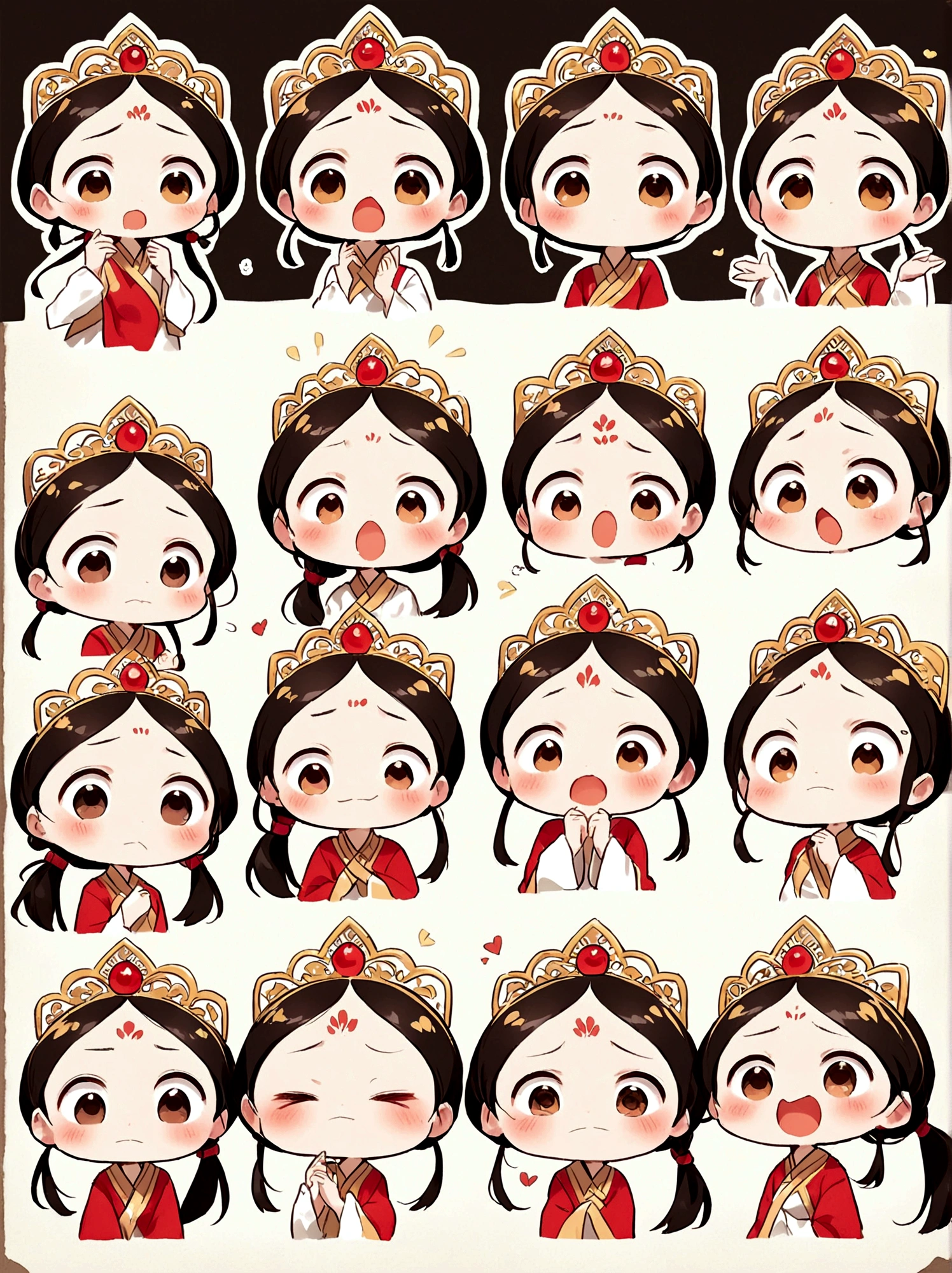 Cute and humorous Q version Chinese girl，big eyes，bust，sticker，6 different facial expressions，expression board，Various poses and expressions，Anthropomorphic style，Ancient and classic style，Showing a variety of emotions，Cartoon illustration，Vector illustration, (Nine Palace Grid Layout: 1.5)，(White background:1.5)，Clear outline，Perfect details，Clear boundaries，No crossover