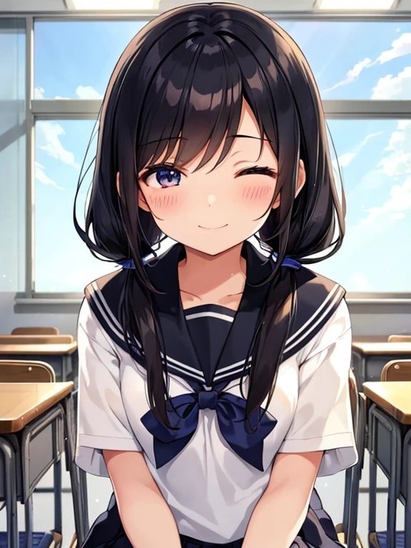 1girl, sitting, giggling, laughing, simile, looking down, ****,
classroom, indoors, school chair, school desk,
(low twintails), low pigtails, black hair, very long hair,
serafuku with blue ribbon, navy-blue collar,
(dark brown eye), closed eyes,
school,
afternoon, summer,
from front, upper body,
anime, high brightness, detailed face, detailed eyes,
(high quality, ultra detailed, masterpiece, FHD)