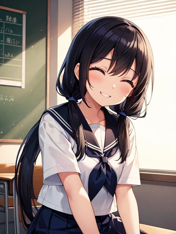 1girl, sitting, giggling, laughing, simile, looking down, ****,
classroom, indoors, school chair, school desk,
(low twintails), low pigtails, black hair, very long hair,
serafuku with blue ribbon, navy-blue collar,
(dark brown eye), closed eyes,
school,
afternoon, summer,
from front, upper body,
anime, high brightness, detailed face, detailed eyes,
(high quality, ultra detailed, masterpiece, FHD)