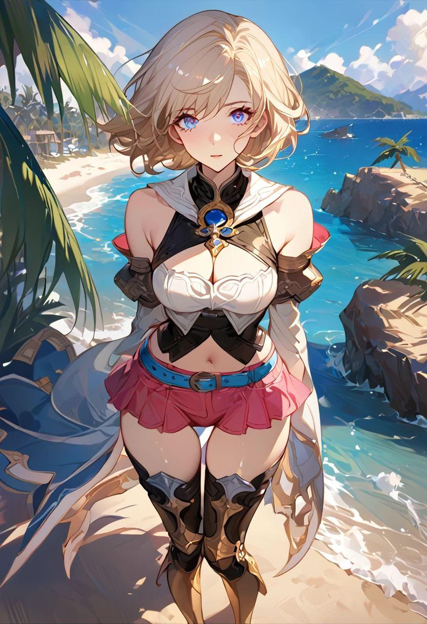 masterpiece, best quality, 8k, 4k, 1girl, ashelia final fantasy xii, Ashelia, short hair, pale blonde hair, blue eyes, white detached sailor like collar, round brooch, white shirt, cleavage, midriff, detached sleeves, bracer, black corset, pink skirt, microskirt, pink skirt, tight skirt, blue belt, black high thigh with gold pattern , gold boots, slim body, looking at viewer, standing nicely, wind blowing, finely detailed eyes and detailed face, face detailed, hair detailed, clothes detailed, ((high quality)), extreme detail, beach sand, palm tree, calm water, high hills overlooking the sea, hollowed hills,  inspired by Asukaziye artist : ask, art style : ask