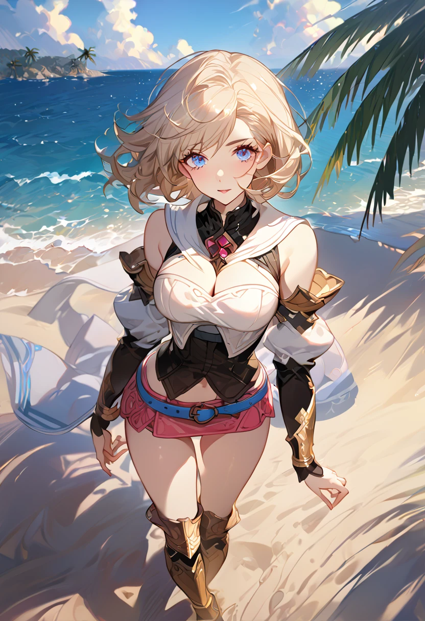 masterpiece, best quality, 8k, 4k, 1girl, ashelia final fantasy xii, Ashelia, short hair, pale blonde hair, blue eyes, white detached sailor like collar, round brooch, white shirt, cleavage, midriff, detached sleeves, bracer, black corset, pink skirt, microskirt, pink skirt, tight skirt, blue belt, black high thigh with gold pattern , gold boots, slim body, looking at viewer, standing nicely, wind blowing, finely detailed eyes and detailed face, face detailed, hair detailed, clothes detailed, ((high quality)), extreme detail, beach sand, palm tree, calm water, high hills overlooking the sea, hollowed hills,  inspired by Asukaziye artist : ask, art style : ask