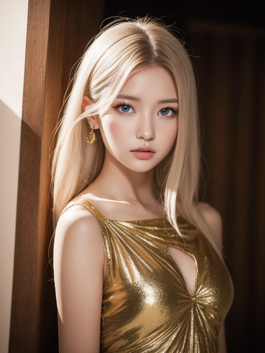 Beautiful woman in a magical space 98k Gold Tight Micro Dress {{Masterpiece}} Best Quality. High quality:1.4), {{[[FRONT LOOK}}, eye_contact, various poses)]] Hand holding a glass, very beautiful face, very beautiful eyes, cute picture, cute picture {{full body}} {{{{{{{ Long legs}}}}}}} {{{{Skinny sexy body}}}}, {{{{{{Tall woman}}}}}} {{Height 177 cm.}} Single, beautiful, cute, Adorable, pale skin {{Thai girls aged 18 to 22 years}}, looks beautiful like a German girl. and blue eyes or green eyes has platinum blonde hair), Nordic girl, {{{{{{{{{full body}}}}}}}}}}, {{{{ {{ {{{{high-heels}}}}}}}}}},