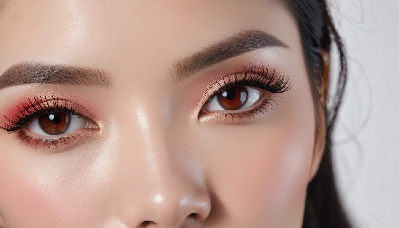 there is a woman with long black hair and a red lipstick, red lipstick on face, woman's face looking off camera, bright red lipstick, an asian woman, detailed face of a asian girl, detailed face with red lips, portrait of mulan, asian face, light-red lips, faint red lips, sexy face with full makeup, closeup shot of face. Close up photoshoot of model face, natural looking eyelash individual extensions, volume eyelash extensions, toned skin, high detailed image, masterpiece, highest quality, model look into space, studio light, white background, 50mm lens, close up portrait, focus on eyes, focus on eyelash extensions, eyelash extensions commercial photoshoot, naked bare shoulders, super realistic image, hith fidelity, high detailed natural looking skin, natural looking eyelashes, masterpiece, UHD, 4k, loreal commercial image, mascara commercial, detailed skin of the face and shoulders with imperfect texture, eyelash extensions, volume eyelash extensions, eyes is a primary part of the image, model shoulders are naked, close up portrait with naked shoulders