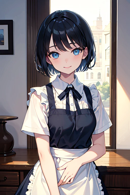 ((Highest quality)), ((masterpiece)), (Familiar), Illustration Style,Perfect Face,1 Girl,Black Hair,Short Hair,Glowing Skin,big, Bright Blue Eyes,Beautiful Bangs,Small breasts,Super Beauty,woman,16 years old,apron,Beautiful clothes,noon,smile,