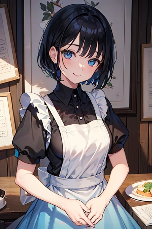 ((Highest quality)), ((masterpiece)), (Familiar), Illustration Style,Perfect Face,1 Girl,Black Hair,Short Hair,Glowing Skin,big, Bright Blue Eyes,Beautiful Bangs,Small breasts,Super Beauty,woman,16 years old,apron,Beautiful clothes,noon,smile,