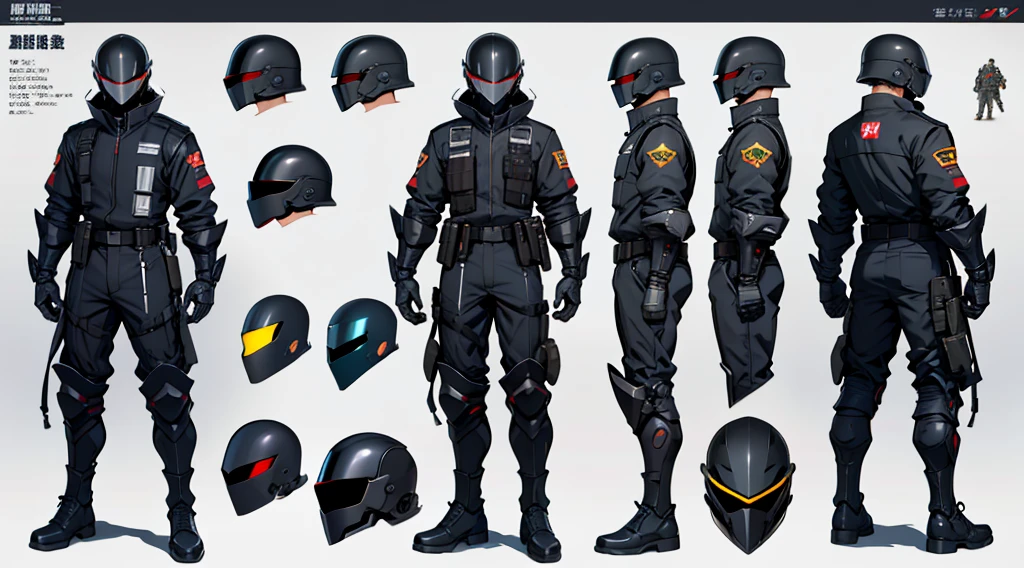 Character design sheet、male、Black military uniform、Detailed face、Body Armor、Full Face Cyber Helmet