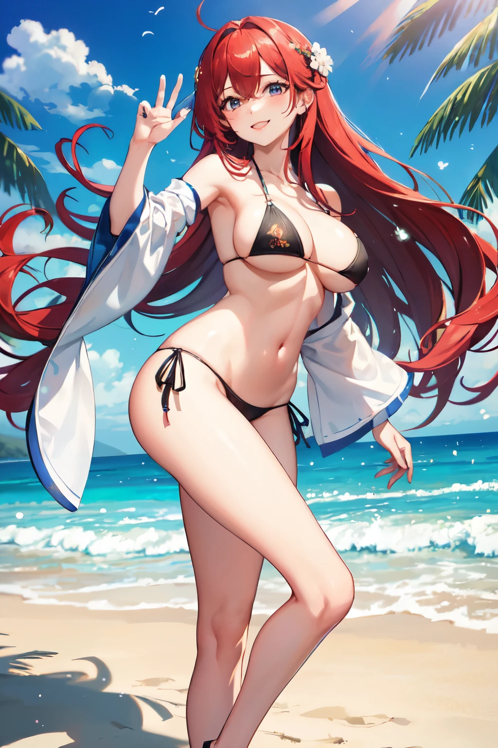 8k,Highest quality,masterpiece, Sharp focus, (beautiful, Gorgeous and cute Japanese women:1.3),(((whole body,You can see right down to your feet,He bends down and stares at me.,She is posing in a very provocative and sexy way..))),((Two-color design bikini)),Delicate and beautiful thin eyebrows,beautiful woman, Delicate and beautiful hair, Droopy eyes, Very detailed, Super beautiful women, Glowing White Particles, (Side light:1.2), Light of the sun, Very large breasts,Very large hips, smile, ((Smile with your eyes, Open both eyes)), , Sexy Looks,Dynamic Hair, Straight Long Hair, Red hair detail,Beach at night