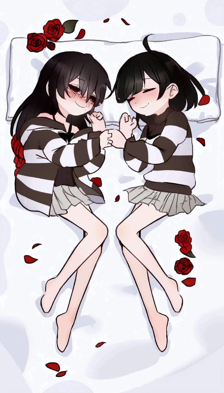 anime girl laying in bed with rose petals and a pillow, gapmoe yandere, by Jin Homura, yandere, yandere. tall, top rated on pixiv, akane owari danganronpa, pixiv, at pixiv, pixiv 3dcg, gapmoe yandere grimdark, kantai collection style, by Kamagurka