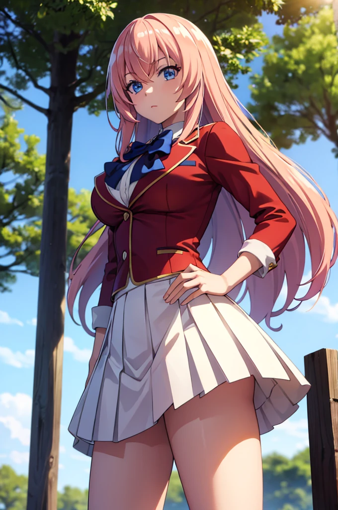 (masterpiece:1.3), (best quality:1.1), (8k, ultra detailed, ultra high res:1.2), ((anime style)), perfect 5 fingers, perfect anatomy, hand on own hip, standing,
1girl,
Ichinose honami \(youjitsu\),
long hair, pink hair,
blue eyes, blue bow, large breasts,
red jacket, long sleeves, white skirt, pleated skirt, black calf socks,
BREAK looking at viewer,
cowboy shot, perfect light, BREAK (detailed background:1.2), outdoor, outside, forest, sky, sun,
