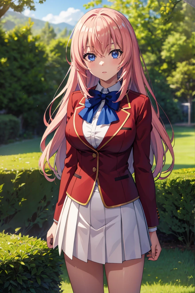 (masterpiece:1.3), (best quality:1.1), (8k, ultra detailed, ultra high res:1.2), ((anime style)), perfect 5 fingers, perfect anatomy, hand on own hip, standing, 
1girl,
Ichinose honami \(youjitsu\),
long hair, pink hair, 
blue eyes, blue bow, large breasts, 
red jacket, long sleeves, white skirt, pleated skirt, black calf socks, 
BREAK looking at viewer, 
cowboy shot, perfect light, BREAK (detailed background:1.2), outdoor, outside, forest, sky, sun, 