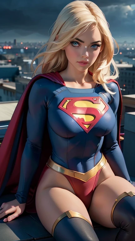 a supergirl sitting on a rooftop building, lost in deep thought, looking at the city, perfect eye, beautiful highly detailed eyes, beautiful blue eyes, both eyes are similar, beautiful detailed lips, extremely detailed face, long eyelashes, beautiful detailed tight costume, blonde hair, big breasts, dynamic pose, cinematic lighting, epic cityscape, moody atmosphere, dramatic shadows, vibrant colors, photorealistic, 8k, best quality, hyper detailed, masterpiece