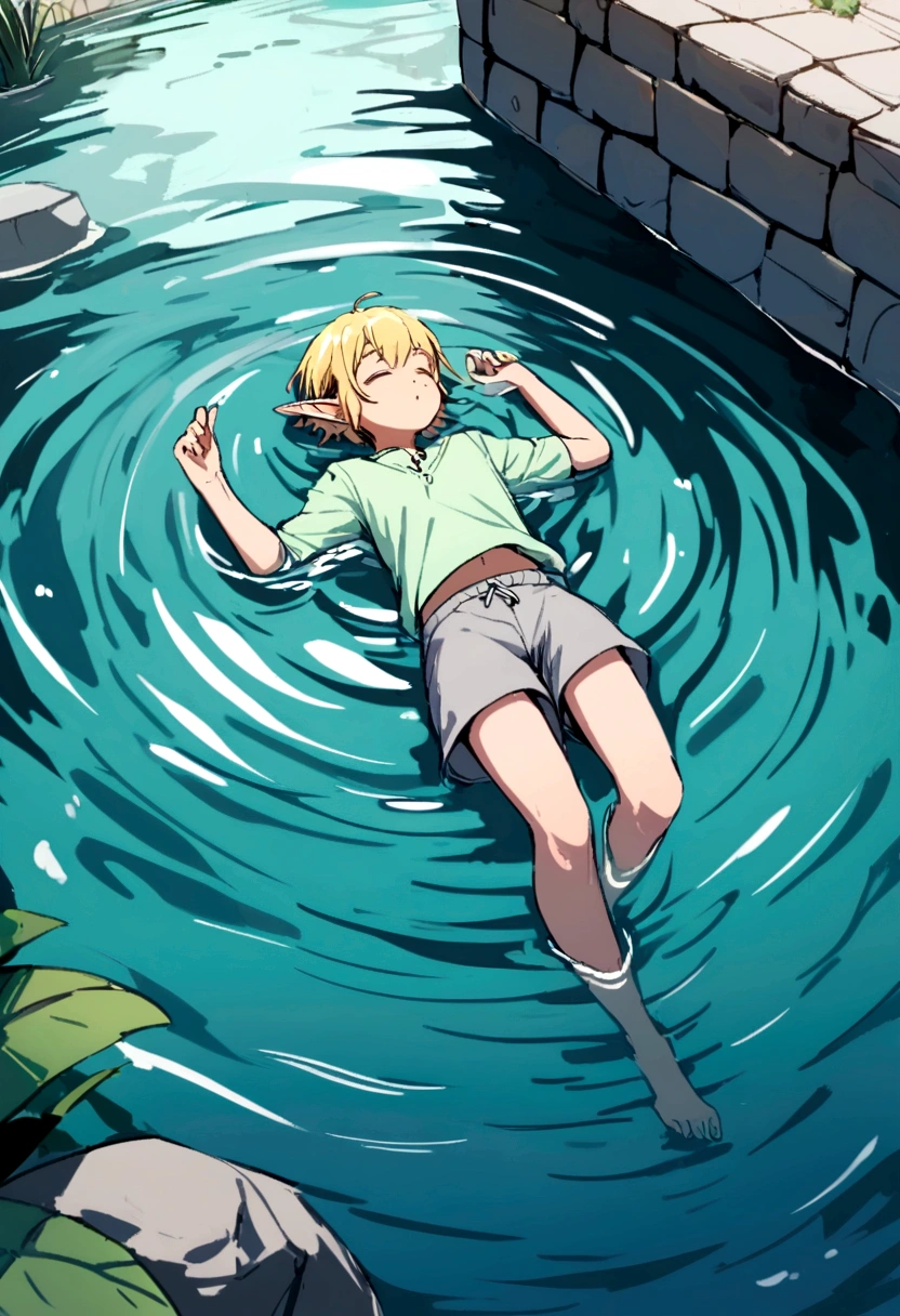 An elven man floating in water wearing only simple grey shorts,blonde elf man,Short Hair,Beautiful Water,Floating,relax,juvenile,Pond surrounded by cobblestones