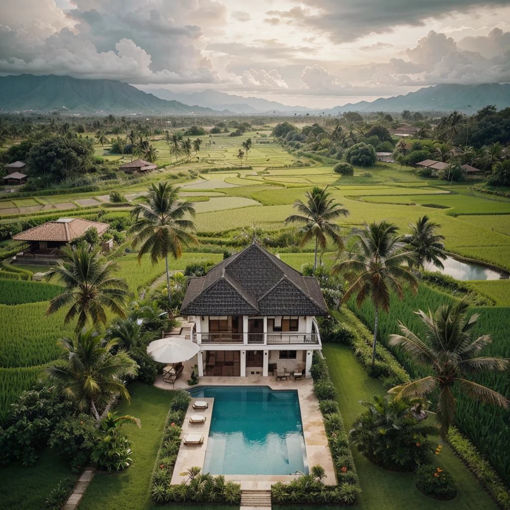 An aerial view of a beautiful tropical landscape with a small house in the center. The house is a two-story building with a black roof and white walls, and it has a swimming pool in front of it. The pool is surrounded by lush green rice fields and palm trees. In the background, there are mountains and a cloudy sky. The overall atmosphere of the image is peaceful and serene.