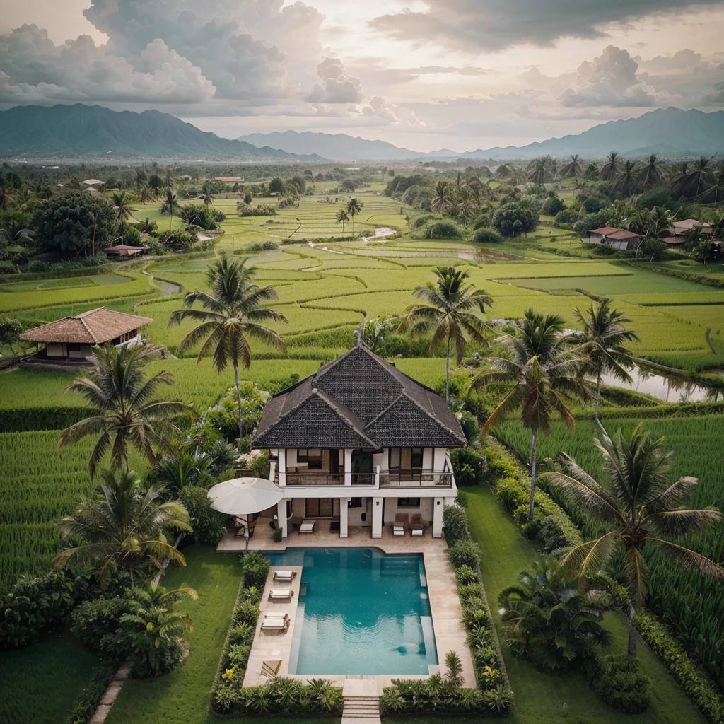An aerial view of a beautiful tropical landscape with a small house in the center. The house is a two-story building with a black roof and white walls, and it has a swimming pool in front of it. The pool is surrounded by lush green rice fields and palm trees. In the background, there are mountains and a cloudy sky. The overall atmosphere of the image is peaceful and serene.