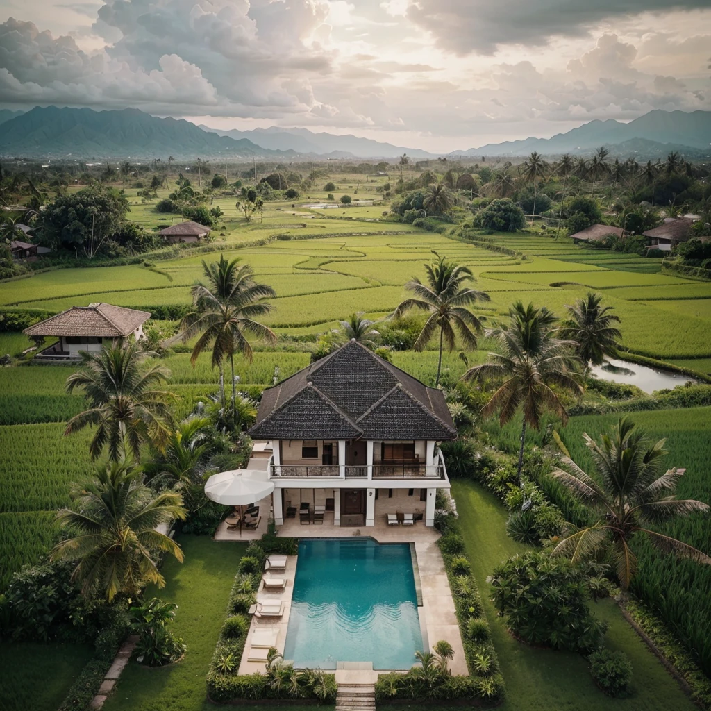 An aerial view of a beautiful tropical landscape with a small house in the center. The house is a two-story building with a black roof and white walls, and it has a swimming pool in front of it. The pool is surrounded by lush green rice fields and palm trees. In the background, there are mountains and a cloudy sky. The overall atmosphere of the image is peaceful and serene.