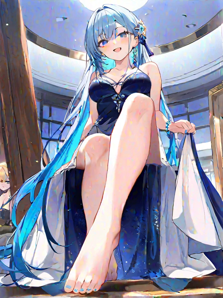 8k, best quality, masterpiece, (ultra-detailed), (high detailed skin), 
(full body), standing, looking at viewer, indoors, sitting, from below, feet focus, Sit on the steps, 
multiple girls, 2girls, barefoot, long hair, blonde hair, dress, blue hair, open mouth, blue eyes, smile, very long hair, looking at viewer, sitting, blush, feet, collarbone, breasts, toes,