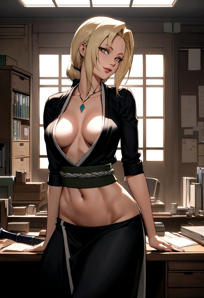 Create an ecchi artwork of Tsunade from Naruto. She is in her office, dressed in her signature outfit but with a more revealing twist – her kimono is slightly open, showing off her ample cleavage and toned midriff. She’s leaning against her desk with a seductive smile, her eyes glancing provocatively towards the viewer. Her long blonde hair cascades down her back, and the lighting in the room casts a warm glow on her flawless skin. The background features a glimpse of her office, with scrolls and ninja tools neatly arranged, adding to the immersive atmosphere.