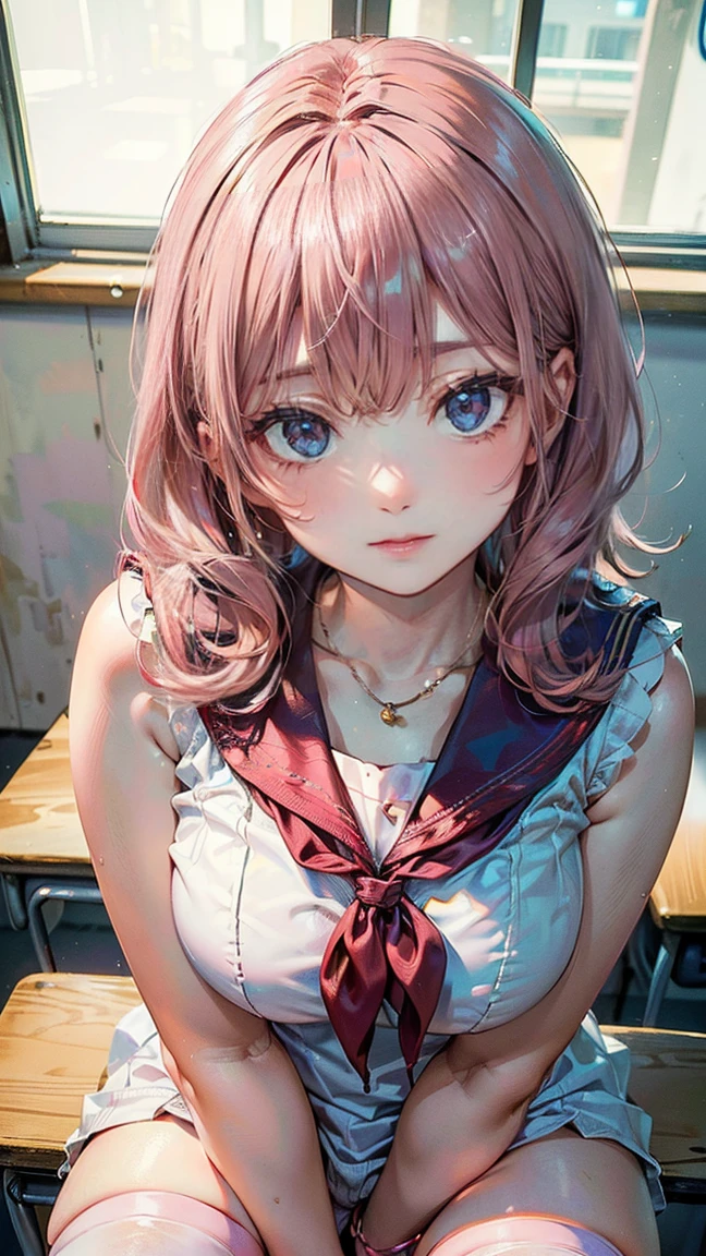 (Masterpiece, BestQuality:1.3), (ultra detailed:1.2), (hyperrealistic:1.3), (RAW photo:1.2), High detail RAW color photo, professional photograph, (Photorealistic:1.4), (realistic:1.4), (Pink Hair:1.5), professional lighting, perfect anatomy, (Big Breasts:1.2), (blush, detailed face), (cheerful Smile:1.5), Trending Hair&Trending Hairカラーをランダムに, earrings, necklace, bracelet, sexly, erotic sexly, Random sexy gravure poses, (A beautiful girl in a sailor suit、sit at a desk in the classroom、Smiling mischievously。The white knee socks and white blouse are cute.。: 1.3)