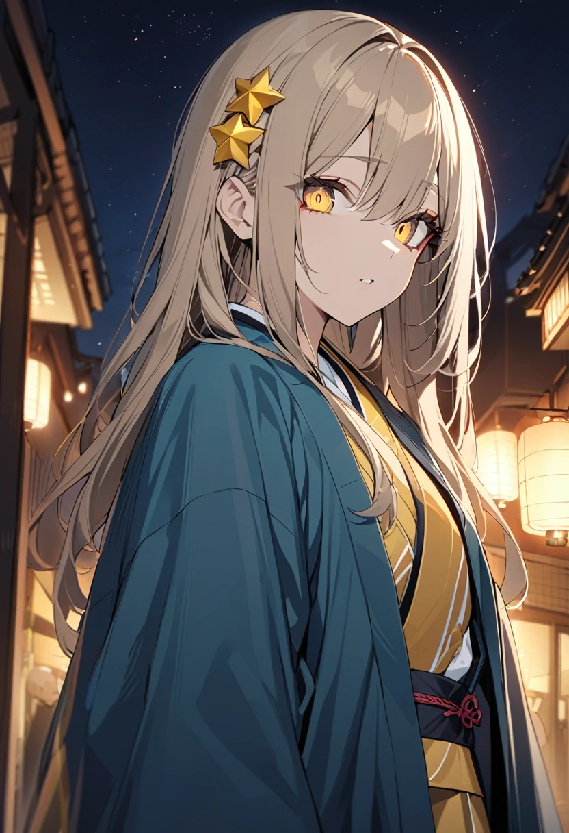 One girl, masterpiece, top quality, beautiful woman, light brown hair, yellow extensions, star hair ornament, golden eyes, big eyes, kimono, haori, night sky, anime