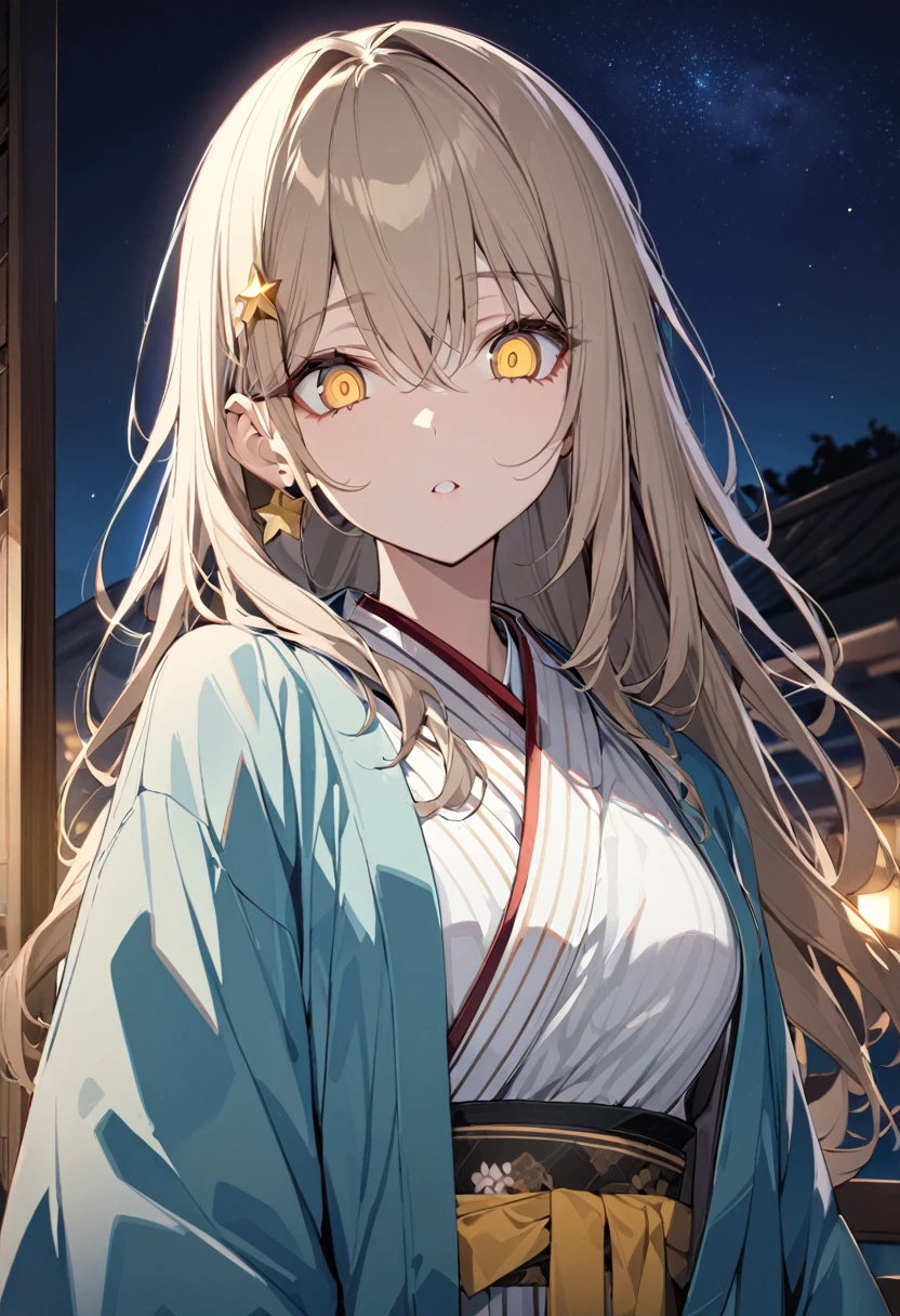 One girl, masterpiece, top quality, beautiful woman, light brown hair, yellow extensions, star hair ornament, golden eyes, big eyes, kimono, haori, night sky, anime