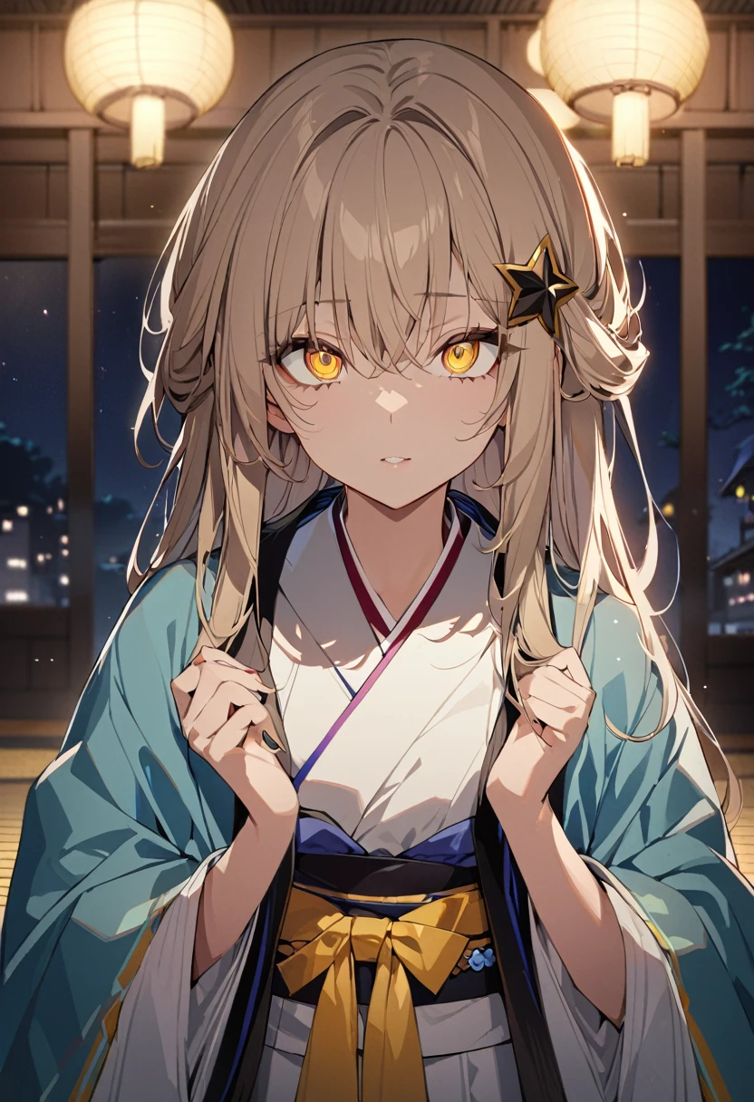 One girl, masterpiece, top quality, beautiful woman, light brown hair, yellow extensions, star hair ornament, golden eyes, big eyes, kimono, haori, night sky, anime