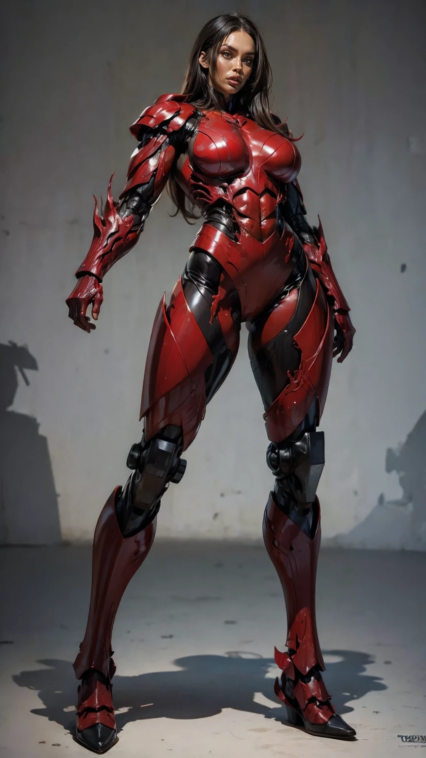 a portrait of Megan fox as armored carnage, (red carnage skinless muscular bio-mecha armor:1.25), (mouth wide open, carnage style:1.25), (full body view:1.25), Realistic, Very detailed face and eyes, (masterpiece:1.1), (beautiful girl face:1.45)