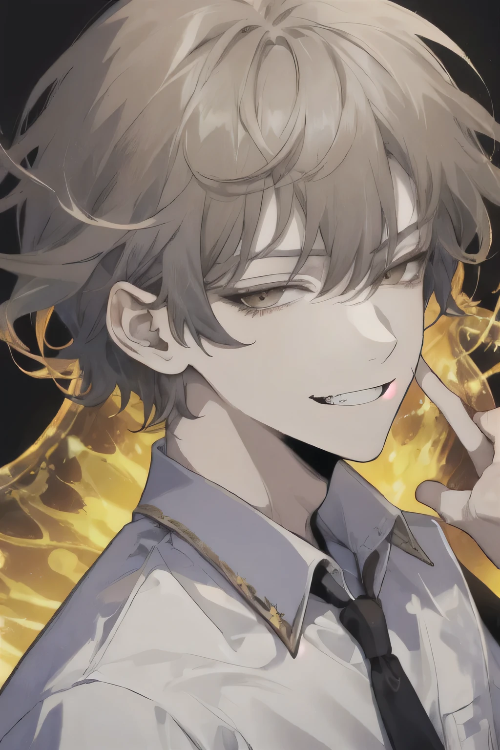 1 guy, (sly smile), short hair, jellyfish hairstyle, (gray hair), (golden eyes, amber eyes, Brown eyes), small fangs, portrait, (detailed face, Detailed eyes), shirt, mantle, mystery, (the villain), Sits and looks at the viewer