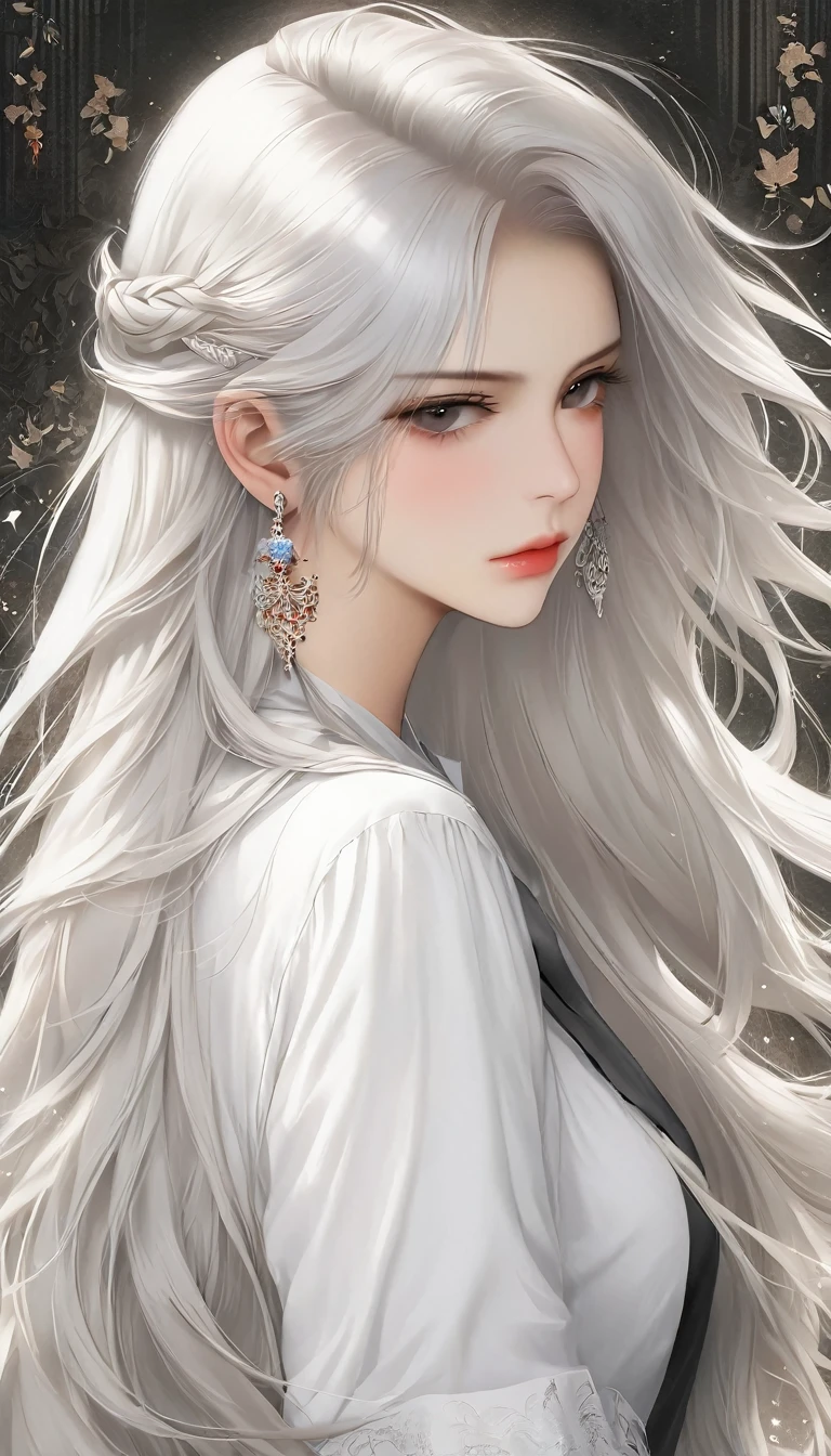 1 woman, lonely, long hair, shirt, white shirt, smooth, upper body, earring, decorations, white hair, shut your mouth、looking forward