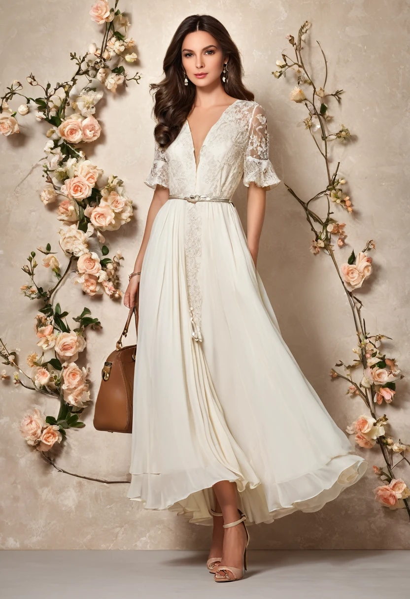 Romantic style, beautiful woman, beautiful clothes, beautiful  accessories, full length,