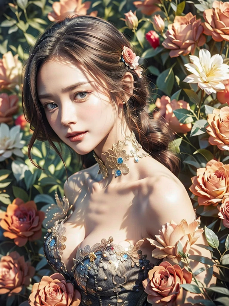 ((((8K))),((Highly detailed CG)) ,(wallpaper),16K,((Very sophisticated and beautiful)),(((masterpiece))),(((Highest quality))),(((Ultra-high resolution))),Mysterious natural light,(Realistic landscape:1.4),Single-lens reflex camera,break, ((1 girl)),24-year-old Japan beauty,(Sensual look:1.2),(Gradient Brown Hair,Shiny髪,innovative hairstyle:1.2),light makeup,Red lipstick,Natural Makeup,double eyelid,Beautiful Eyes,Beautiful Eyes,Soft white skin that shines in every detail,Pale skin,Golden ratio face,Very beautiful face,More information,Lips Detail,Shiny, Beautiful Lips,Shiny lips,break,(8 heads,Perfect figure),(Beautiful clavicle,Beautiful C Cup Breasts),(Bustier style,High neck lace,corset dress,Random colors:1.3),(brightly colored roses,fully decorated:1.3),(Long legs,Large, firm waist:1.3),break,((Rose Garden,Roses in full bloom,Pasture)),((Lying down,Lying down,Photograph the whole body,Shooting from above))