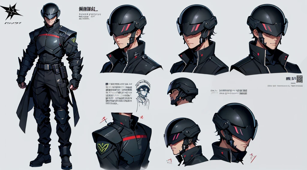 Character design sheet、male、Black military uniform、Detailed face、Body Armor、Full Face Cyber Helmet