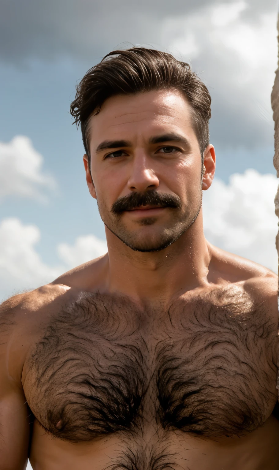 masterpiece, best quality, high resolution, closeup portrait, male focus, solo focus, A man, 60 years old, white grey hair, hairy armpits, thick moustache, in speedo, grey silver hair, messy hairstyle, seductive face, smirk, old but attractive, bare chest, body hair, hairy armpits, facial hair, pale skin, sun freckles, roman nose, very skinny body, very hairy legs, male legs, attractive hairy legs, cute, white chest hair, very hairy chest, dimples, scruffy beard, very hairy armpits, bold jawline , sweaty, in the background a beach on a cloudy day, view from below, amazing composition, front view, HDR, ultra quality, elegant, highly detailed