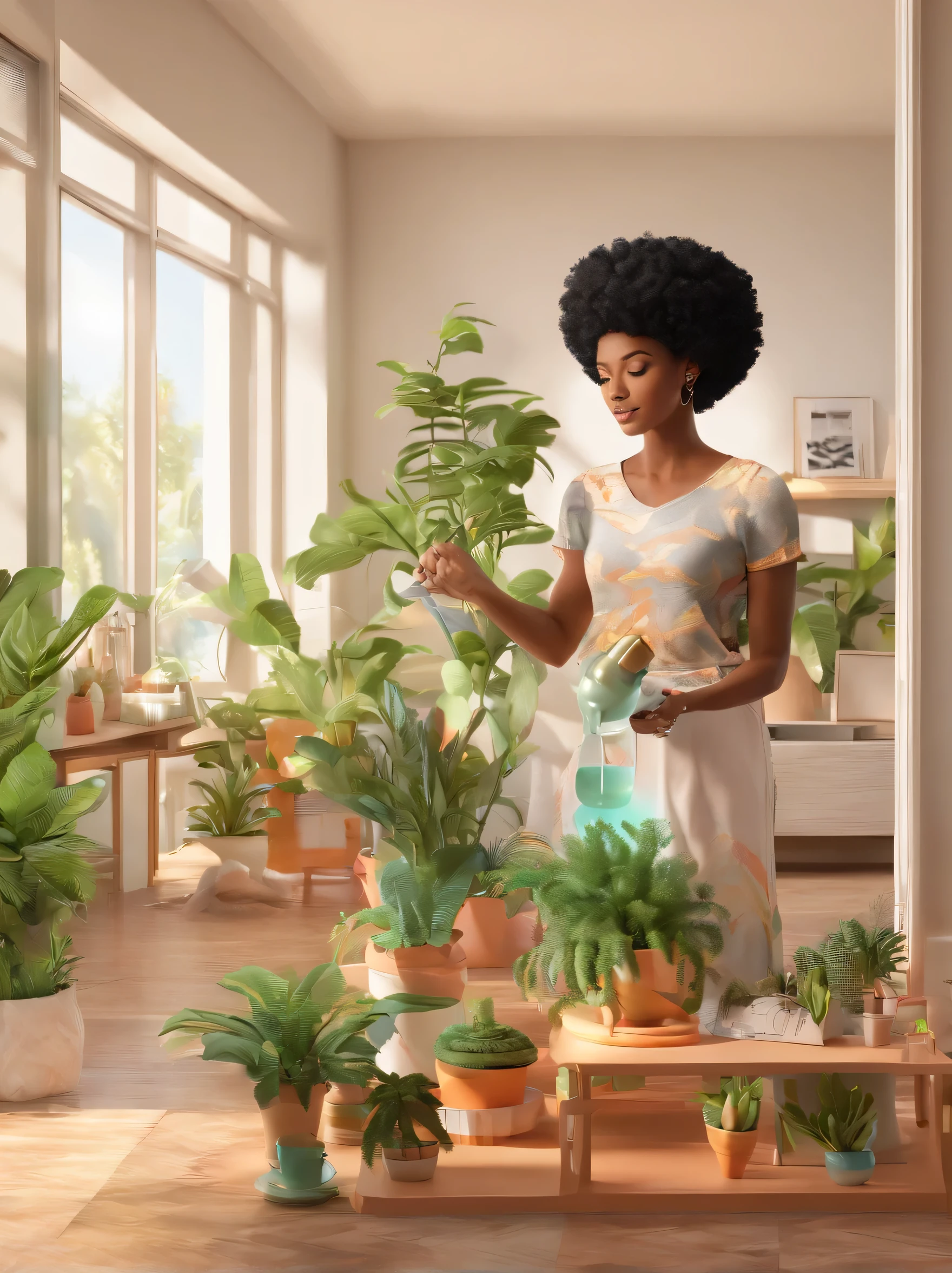 Coloring Image of black woman with afro watering plants in living room