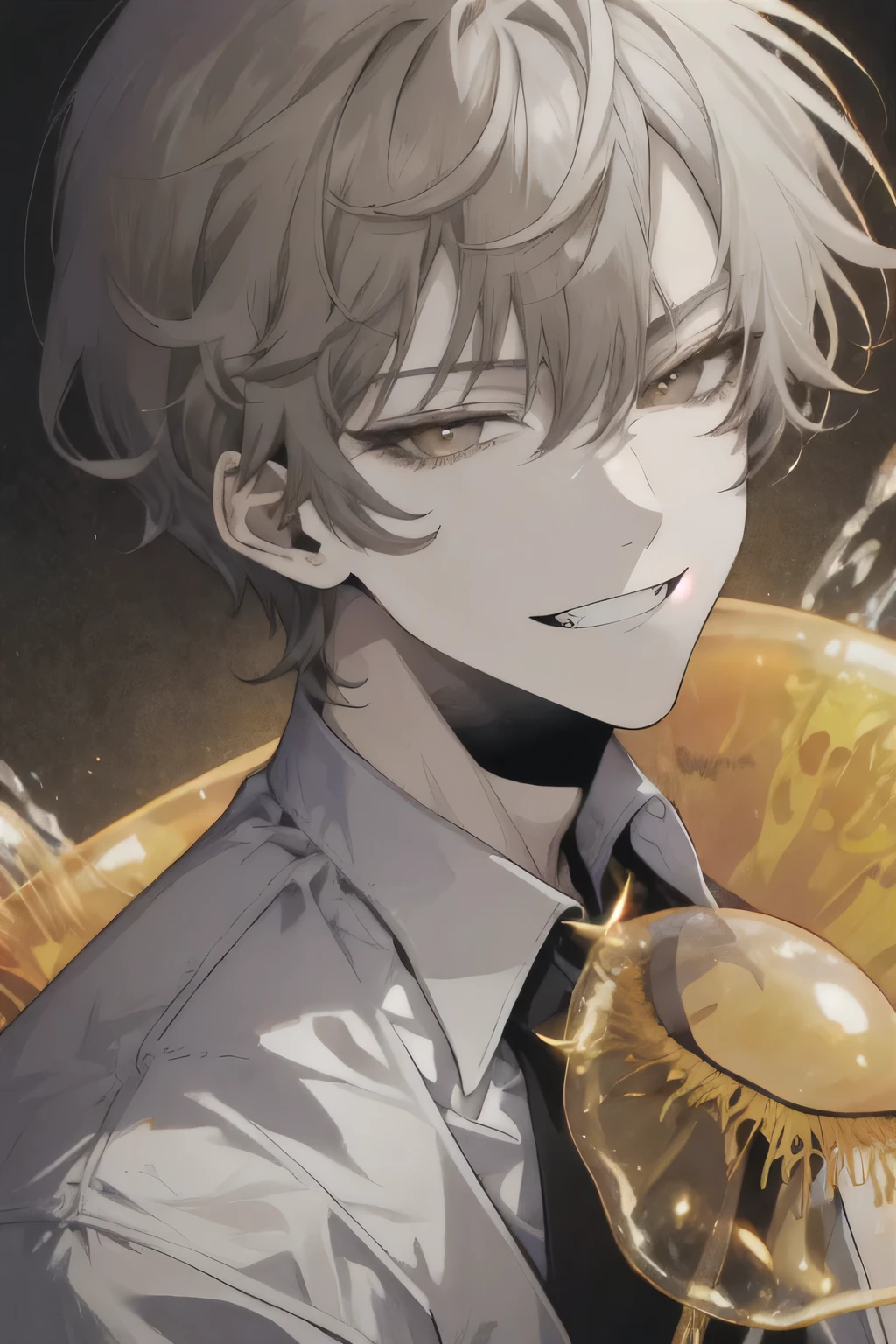 1 guy, (sly smile), short hair, jellyfish hairstyle, (gray hair), (golden eyes, amber eyes, Brown eyes), small fangs, portrait, (detailed face, Detailed eyes), shirt, mantle, mystery, (the villain), Sits and looks at the viewer