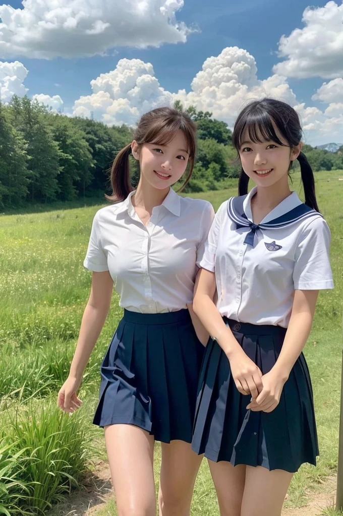 2 girls walking in rural field,cumulonimbus cloud in summer sky,sailor shirt,navy blue pleated skirt,18-year-old,bangs,a little smile,thighs,knees,short hair with low pigtails bunches,from below,front light